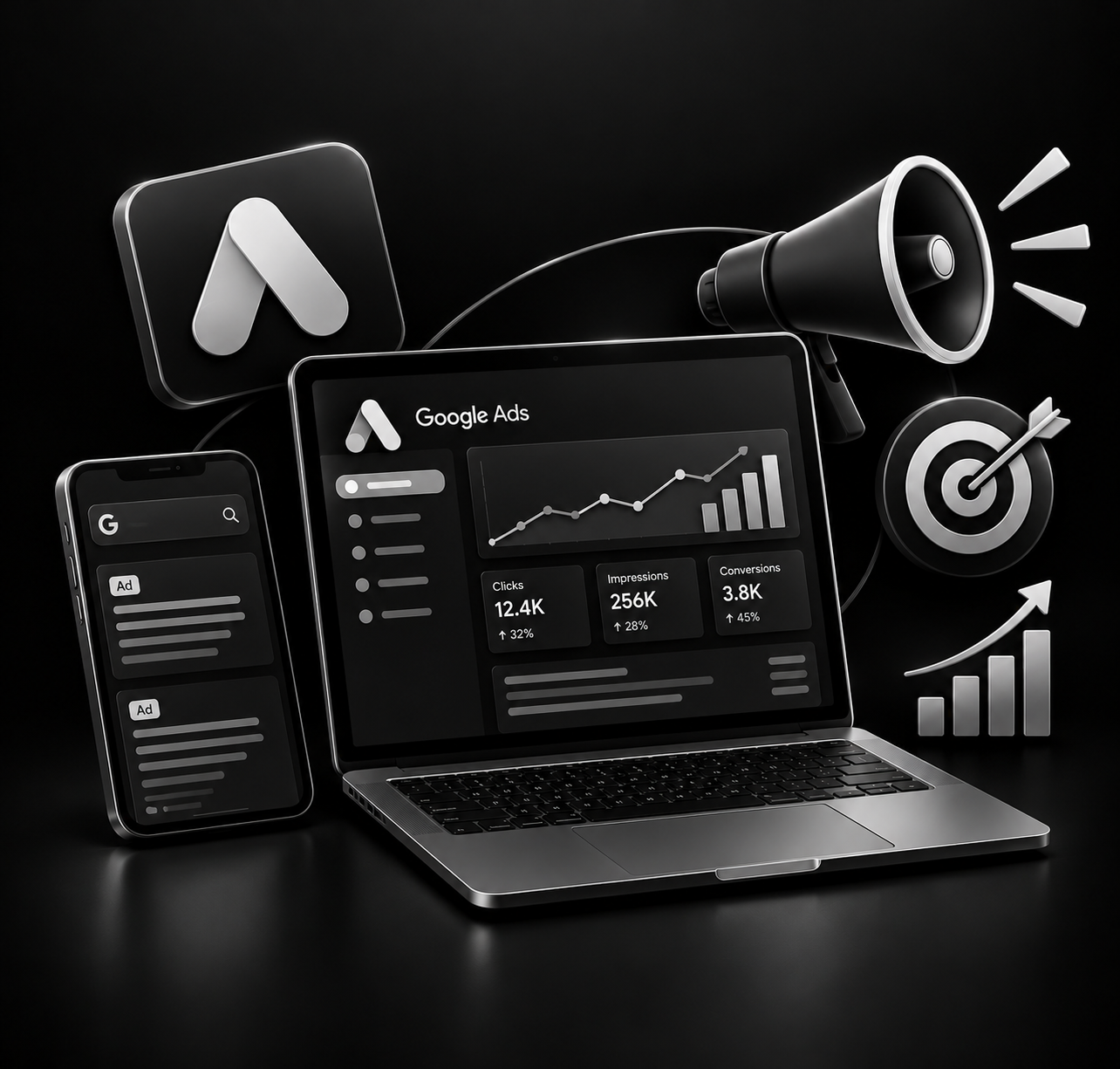 monochrome google ads analytics workspace